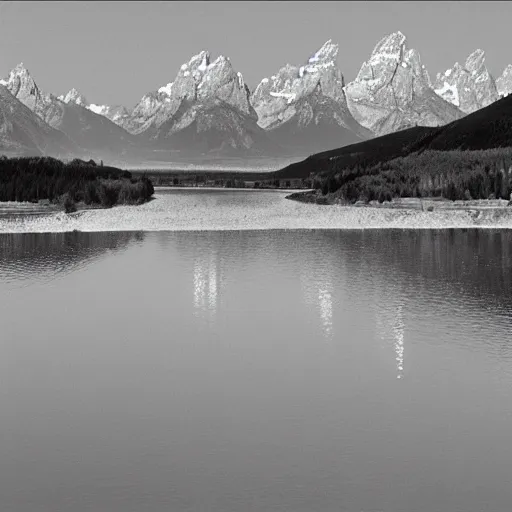 Image similar to the moon above the tetons and the snake river, by ansel adams,