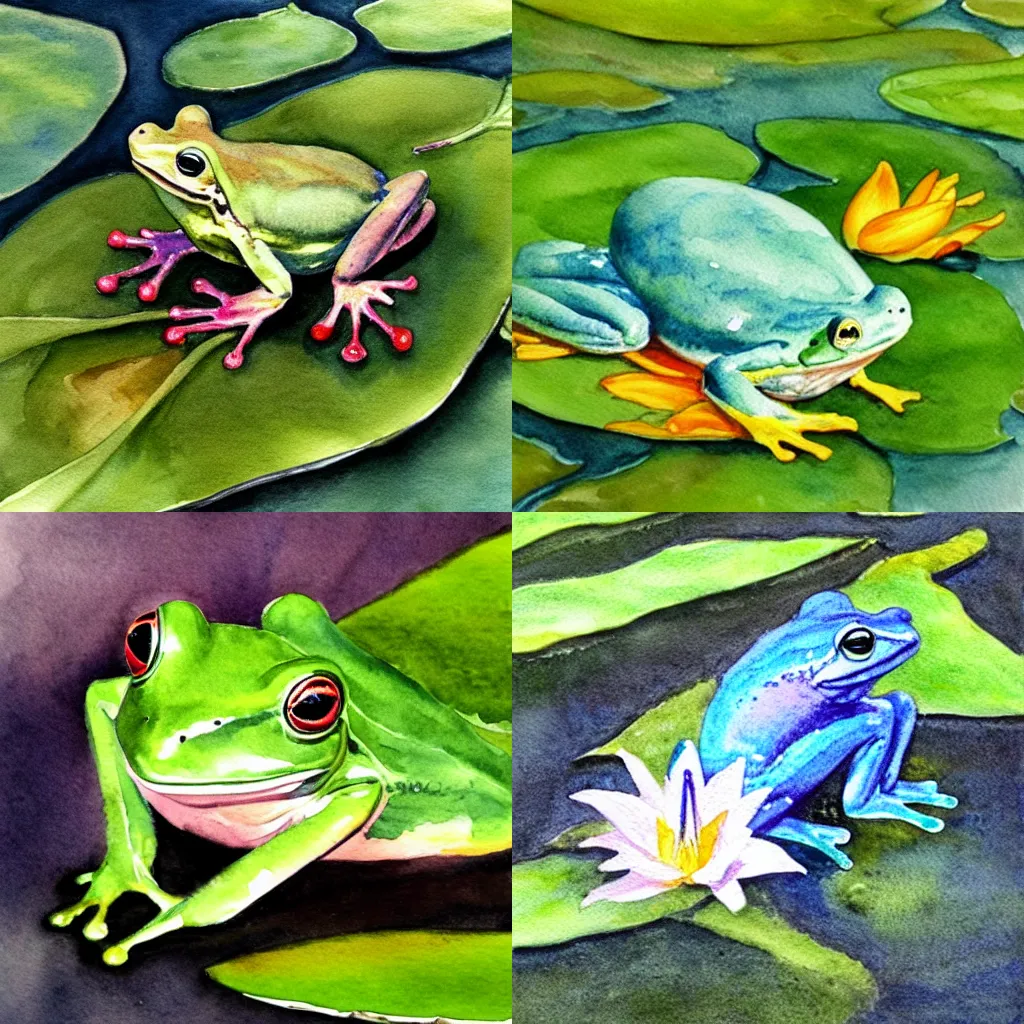 Prompt: watercolor painting of a frog sitting on a lily pad
