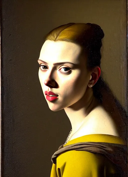 Image similar to portrait of scarlett johansson, oil painting by johannes vermeer, 1 7 th century, art, oil on canvas, wet - on - wet technique, realistic, expressive emotions, intricate textures, illusionistic detail