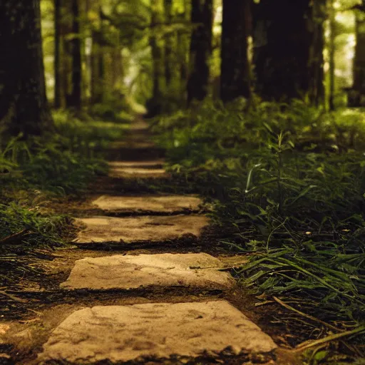 Image similar to a shoe on a path in the middle of a forest, dark, unreal engine