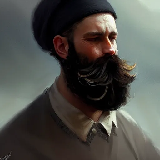 Image similar to a happy merchant jew wearing kippah!!!, rubbing hands!!!, evil, tricky!!, black curly beard, black curly hair, black eyes, hooked nose!, by greg rutkowski, artstation, by artgerm, by wlop