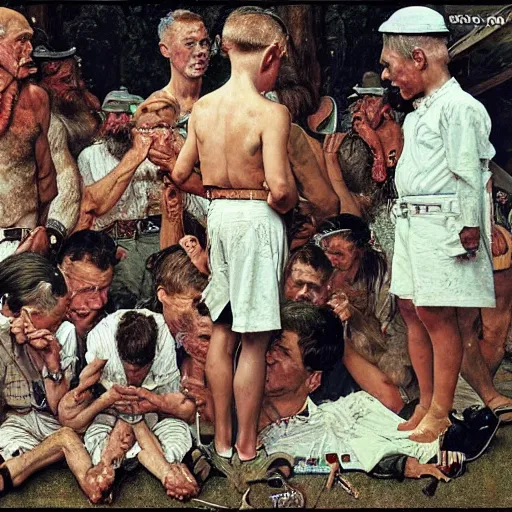 Image similar to White tribesmen. A Norman Rockwell painting.