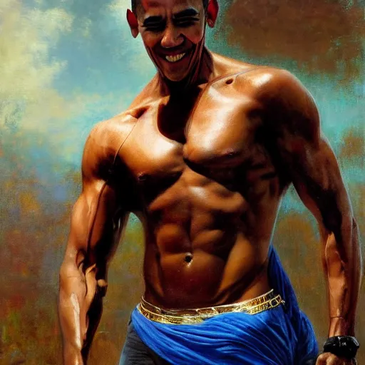 Image similar to detailed realistic cinematic wide shot of beautiful attractive muscular barack obama doing zyzz pose with gold chain wearing blue bath robe slim face symettrical face clean skin black eyes black robe smooth, sharp focus, ultra realistic, spring light, painting by gaston bussiere, craig mullins, j. c. leyendecker