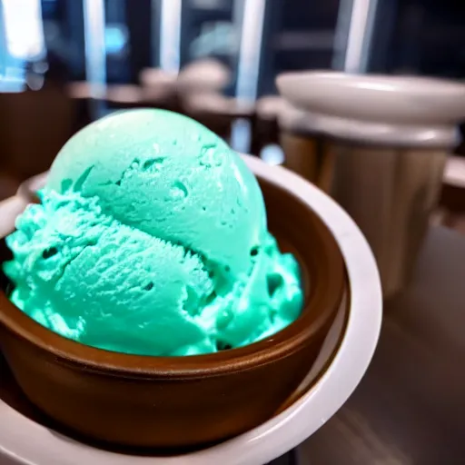 Prompt: high res mint ice cream sitting on a table in a futuristic diner 4k