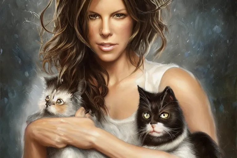 Image similar to portrait of kate beckinsale holding a cat, an oil painting by ross tran and thomas kincade