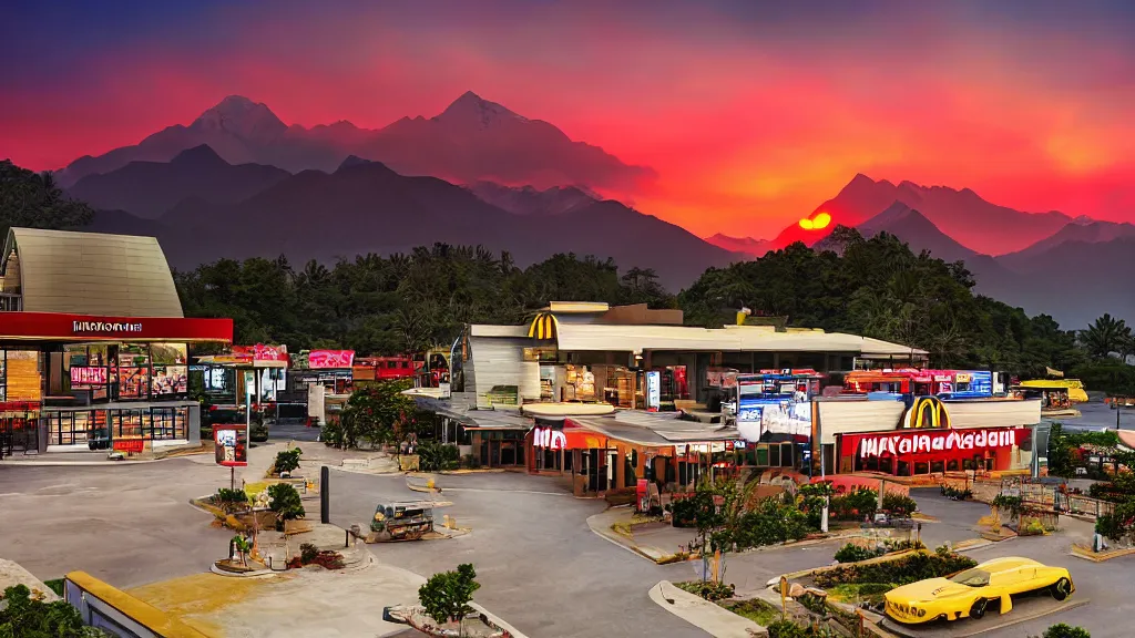 Prompt: sunset moody picture of the Himalayan mountain range with a large McDonalds restaurant in the middle of the picture disturbing the view, large-format landscape photography