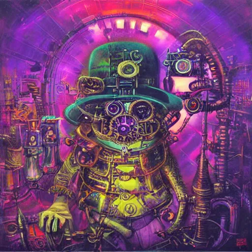 Image similar to steampunk rat, acid, 303, psychedelic, by paul lehr, cd cover for psytrance artist