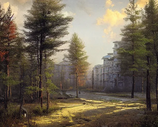 Image similar to beautiful matte painting of cute soviet block of flats hrushevka in end of forest by ivan shishkin