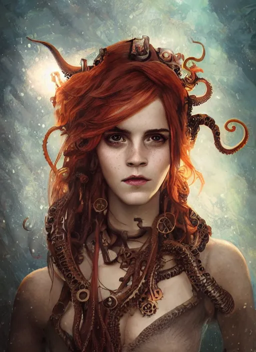 Image similar to underwater steampunk pirate portrait of emma watson, red hair, octopus, hyper detailed, digital art, cinematic lighting, studio quality, smooth render, unreal engine 5, octane rendered, art style by klimt and nixeu and ian sprigger and wlop and krenz cushart.