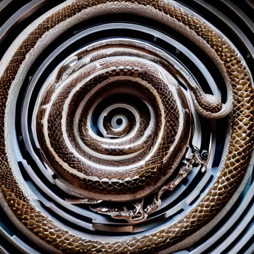 Prompt: infinite giant coiled snake with a metallic skull as the head, room interior, dark fantasy, XF IQ4, f/1.4, ISO 200, 1/160s, 8K, RAW, unedited, symmetrical balance, in-frame