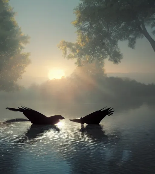 Image similar to three crows in a little boat in a swamp, volumetric lighting, fog, majestic light, octane render, ethereal glare of the sun, hyperrealistic, epic, masterpiece, by makoto shinkai