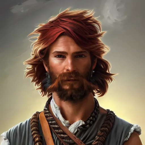 Image similar to portrait of a young ruggedly handsome but cantankerous pirate, male, masculine, upper body, red hair, long hair, d & d, fantasy, giddy smirk, intricate, elegant, highly detailed, digital painting, artstation, concept art, matte, sharp focus, illustration, art by artgerm and greg rutkowski and alphonse mucha