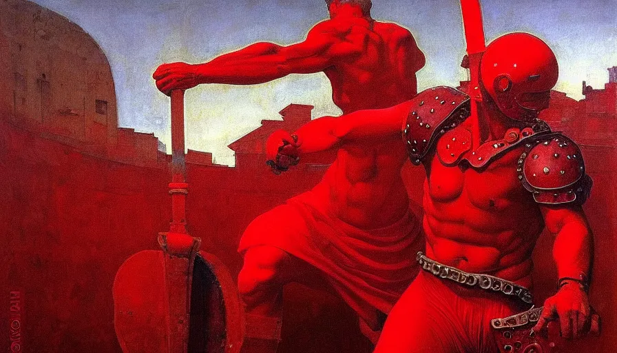 Image similar to only with red, a red gladiator in a crowded roman amphitheatre, crowd cheers him, in the style of beksinski, parts by edward hopper, parts by rodcenko, parts by yue minjun, intricate and epic composition, red by caravaggio, insane quality, highly detailed, masterpiece, red light, artstation