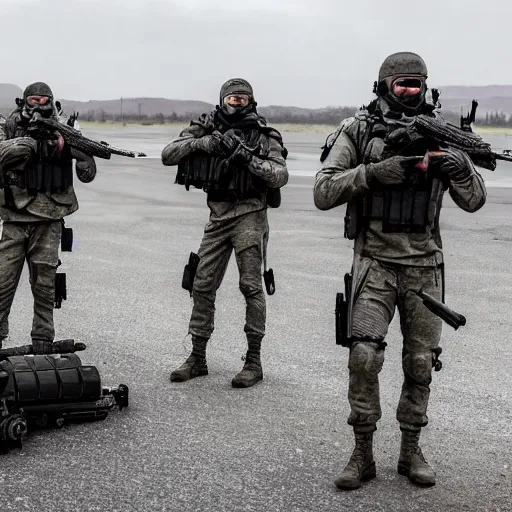 Image similar to Special Forces in grey uniform with black body armor under artillery fire in 2022, photo by Adam Ferguson, Pulitzer Winning, cinematic composition, breathtaking, modern, 2022