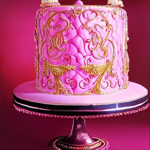 Prompt: fancy pink baroque cake with cherriee painting by greg hildebrandt light background