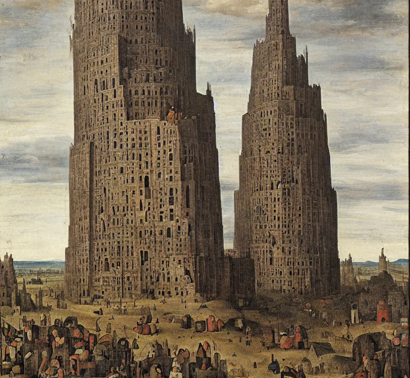 Image similar to a tall tower, somewhat similar to babel, by pieter breugel the elder