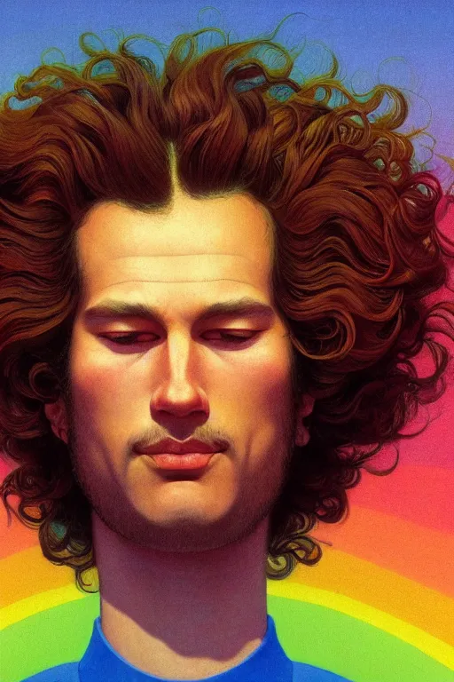 Prompt: a colorful vibrant closeup portrait of a simple caucasian man with curly mid length brown hair with a calm aesthetic face and dreaming psychedelic rainbow hair, by kawase hasui, moebius, edward hopper and james gilleard, zdzislaw beksinski, steven outram colorful flat surreal design, hd, 8 k, artstation