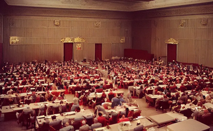 Prompt: 60s movie still of a CCCP congress in a stalinist style palace, by Irving Penn , cinestill 800t 35mm eastmancolor, heavy grainy picture, very detailed, high quality, 4k, HD criterion, precise texture