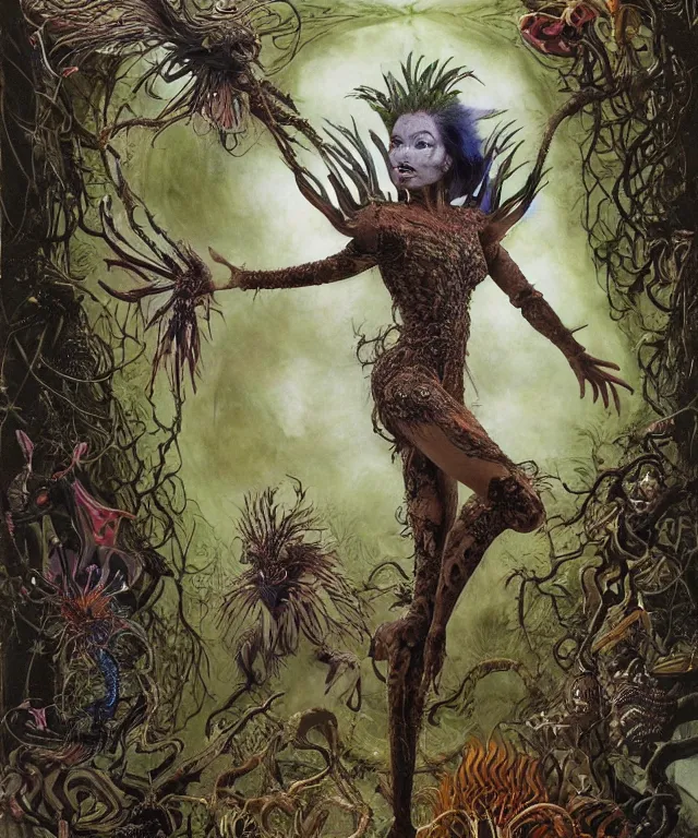 Prompt: a portrait photograph of a fierce bjork as an alien harpy queen with slimy amphibian skin. she is trying on a black latex bulbous slimy organic membrane parasitic catsuit and transforming into an insectoid amphibian. by donato giancola, walton ford, ernst haeckel, brian froud, hr giger. 8 k, cgsociety