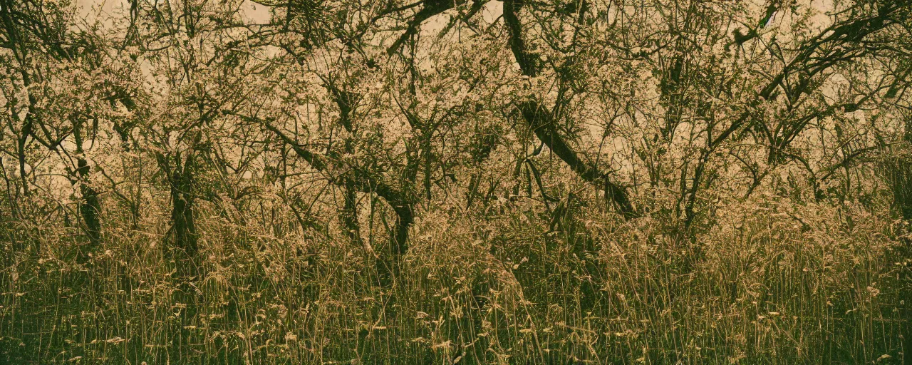 Prompt: meadow of spaghetti growing on trees, canon 5 0 mm, cinematic lighting, photography, retro, film, kodachrome