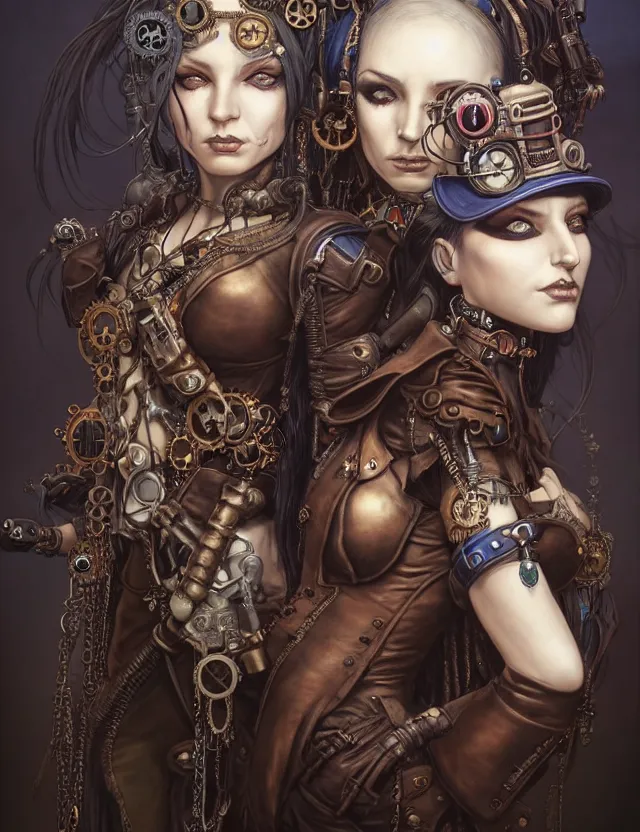 Image similar to a portrait of two steampunk goth girls, by moebius and tyler edlin and hr giger, trending on artstation, digital art, 4 k resolution, detailed, high quality, sharp focus, hq artwork, coherent, insane detail, concept art