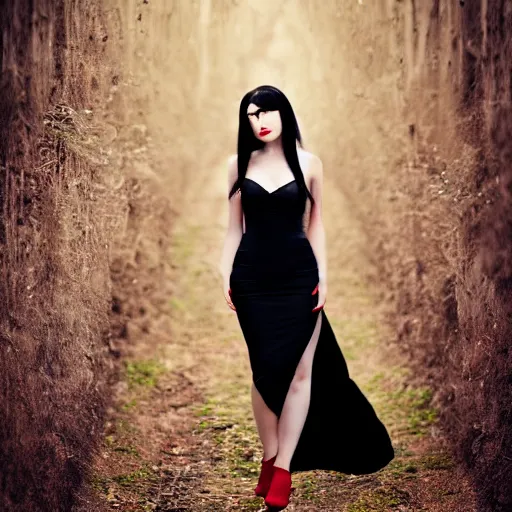 Prompt: portrait of a woman with long black hair and red eyes, wearing a red dress, 8k, photography, professional, detailed face, beautiful, cinematic lighting, film, high quality, depth of field, dark colors,