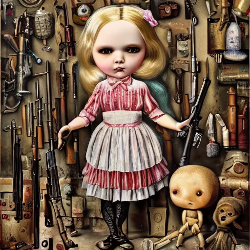 Image similar to doll next to weapons, hand grenades, rpg, by mark ryden, breathtaking, 8 k resolution, extremely detailed, beautiful