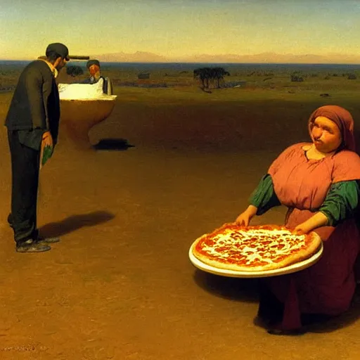 Prompt: pizza coming out of oven to shame mankind, 1 8 9 6 painting by jean - leon gerome, oil on canvas