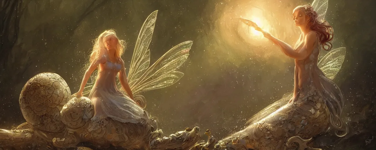 Prompt: a beautiful fairy next to a giant snail with sparkles, D&D, fantasy, intricate, cinematic lighting, highly detailed, digital painting, artstation, concept art, smooth, sharp focus, illustration, art by Terry Moore and Greg Rutkowski