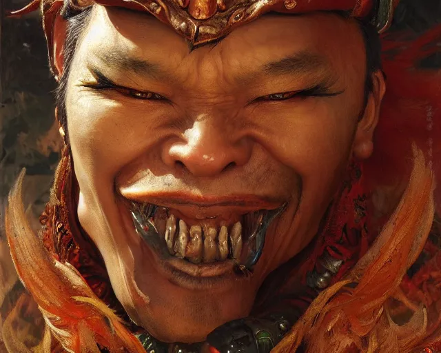 Prompt: closeup portrait of an asian scary man dressed as a chicken, highly detailed painting by gaston bussiere, craig mullins, j. c. leyendecker 8 k