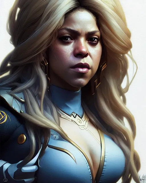 Image similar to shakira as widow from overwatch, portrait, close up, concept art, intricate details, highly detailed by greg rutkowski, michael whelan and gustave dore