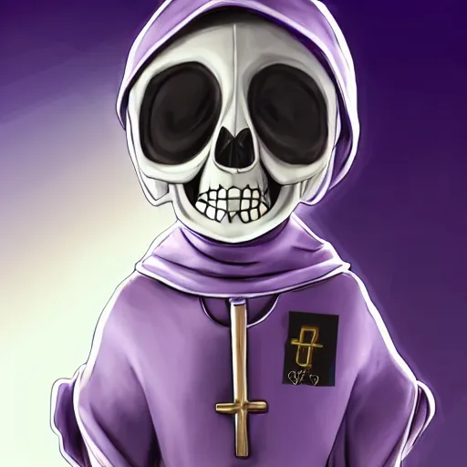 Image similar to cute little boy wearing an skull mask and dressed in an nun outfit, purple color palette, artwork made in western cartoon art syle, inspired in made in abyss and hirohiko araki, ray tracing, soft details