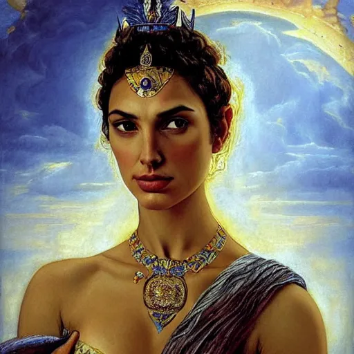 Image similar to Head and shoulders masterpiece portrait oil painting of the beautiful goddess Gal Gadot as Atenea, she is wearing roman clothes and a surreal jewelry, her hair is natural disheveled, she is approaching heaven over the clouds, naturalism, dramatic lighting, high-detailed oil painting by Ilya Repin, Michelangelo da Caravaggio, William Blake, Alex Grey and Beksinski, trending on Artsation, hystorical painting, naturalism, masterpiece, 4k, 8k,