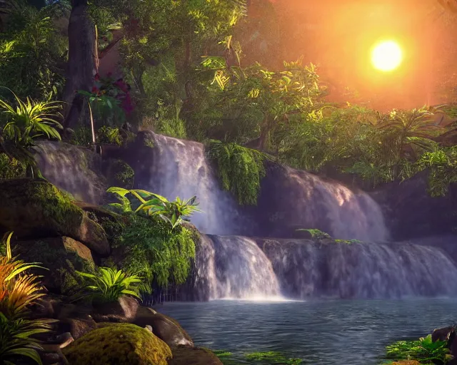 Image similar to beautiful jungle environment, waterfall, high trees, flowers, sunset, mystic, unreal engine 5, global illumination, mountains in the background, raytracing, 8 k, hyper realistic, trending on artstation