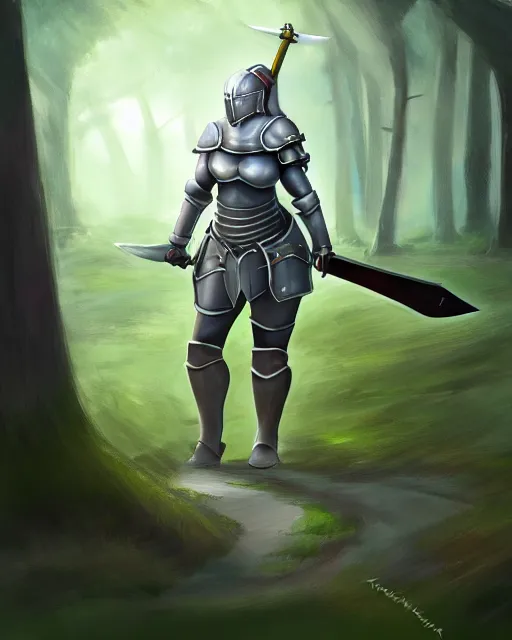 Prompt: concept art of a thicc female knight, wearing heavy medival knight armor, holding a long sword, walking through a foggy oak forest | | epic - fine - clean, polished, trending on artstation, brush strokes