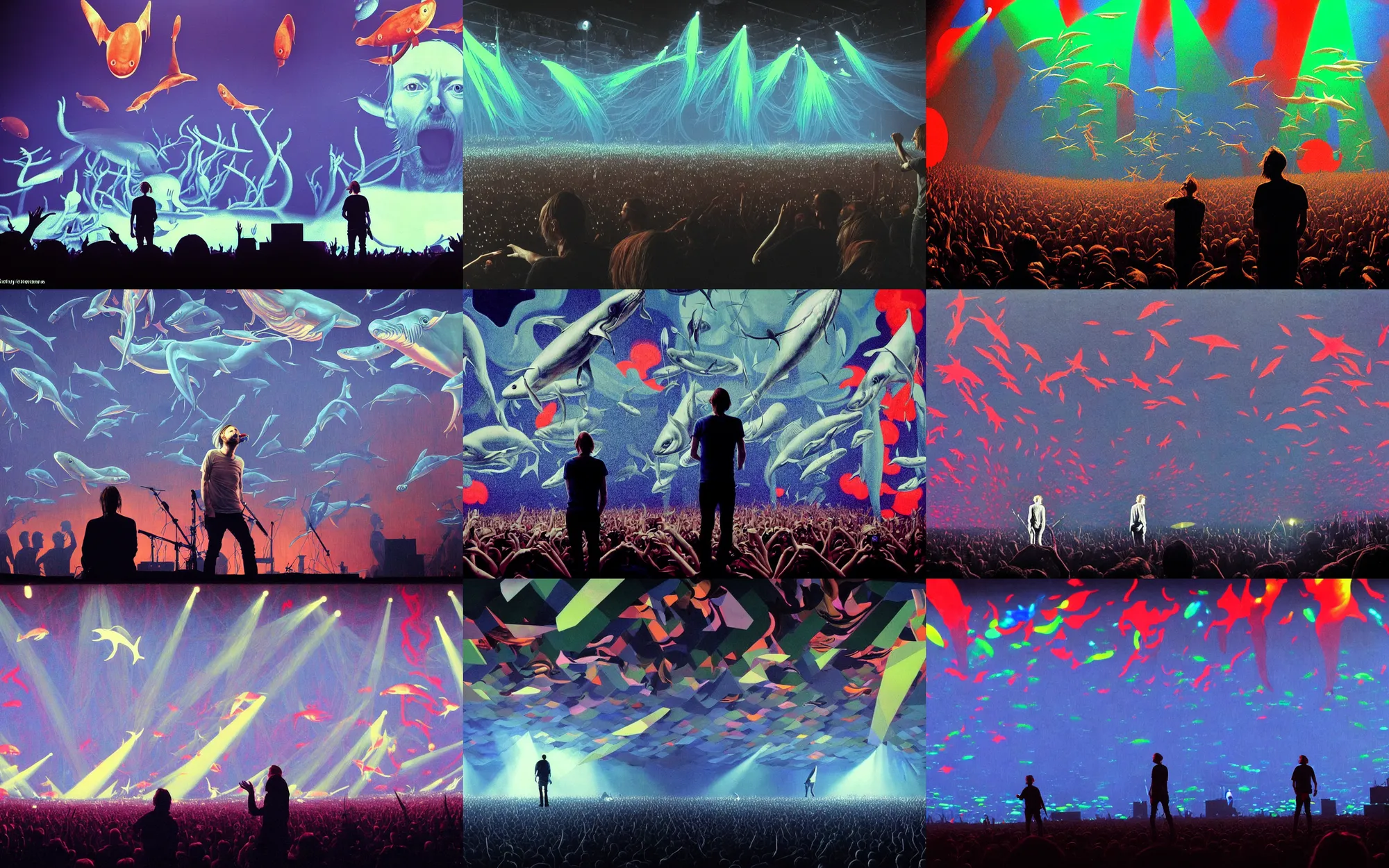 Prompt: thom yorke on stage at a radiohead concert, seeing weird fishes swimming in the air, whales, mantis, dolphins and swordfish, thom yorke and the band looked surprised, painting by james jean and norman rockwell, volumetric light, large crowd and lightshow in the background, very detailed, dreamy, surreal, atmospheric, weird