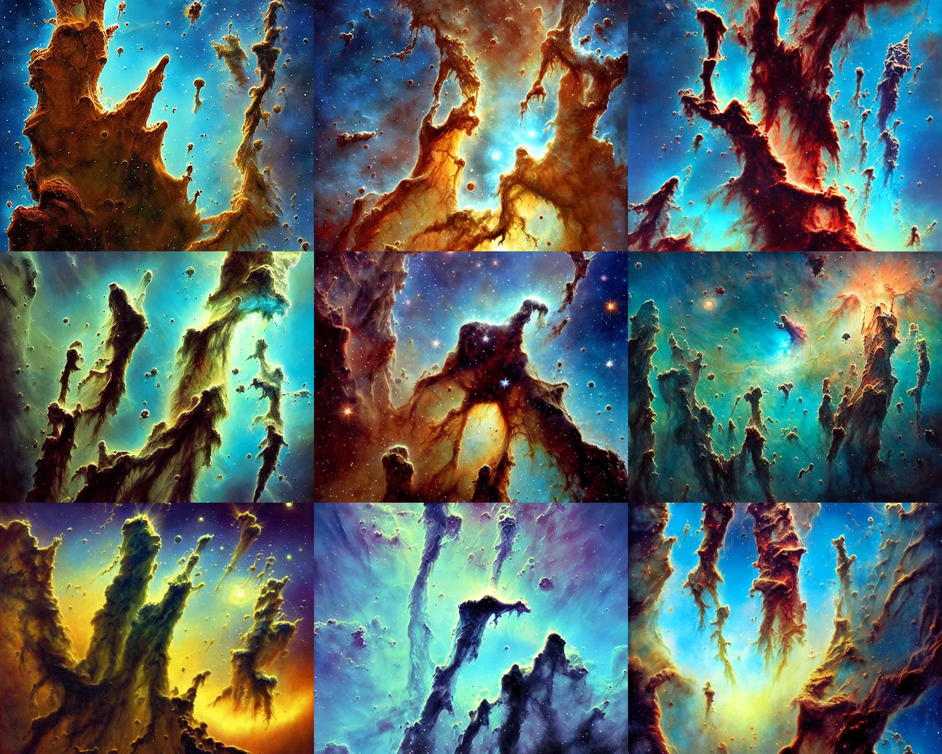 Prompt: view from bizarre alien planet looking up at pillars of creation nebula, style of Don Maitz, style of Doug Chiang, style of Esao Andrews