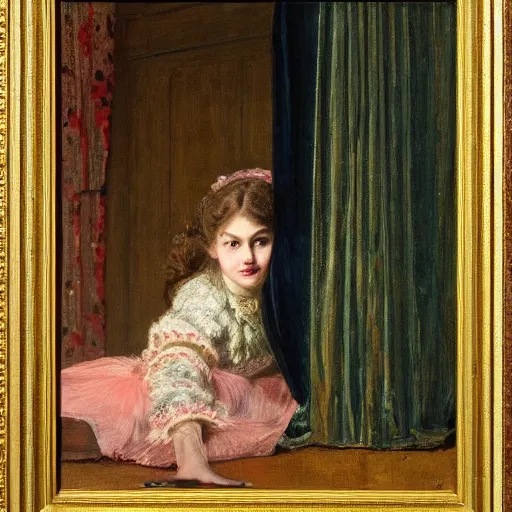 Prompt: young actress looking through the curtain in the theatre by alfred stevens