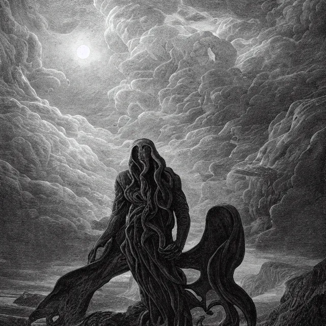 Image similar to an engraving portrait of cthulhu, caspar david friedrich, foggy, depth, strong shadows, stormclouds, illuminated focal point, highly detailed