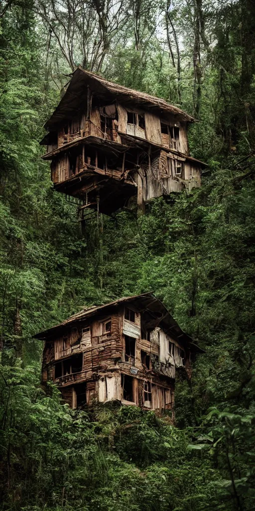 Image similar to a cinematic movie shot of a rustic multi-story ramshackle hut in the magical forest