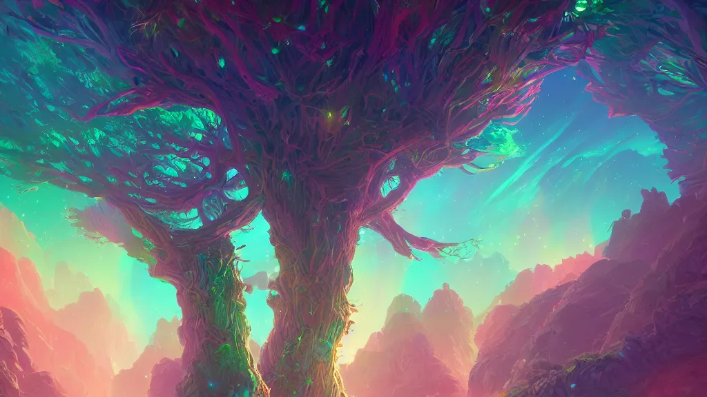 Image similar to multicolored iridiscent crystals growing on colossal everlasting trees, by sylvain sarrailh, rossdraws, ambient light, ultra detailed, fantasy artwork, 8 k, volumetric lighting, trending on artstation, award winning, very beautiful.