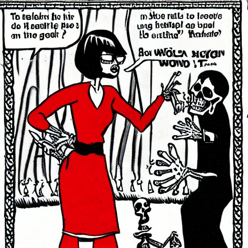 Prompt: velma tells off a confused skeleton, cartoon