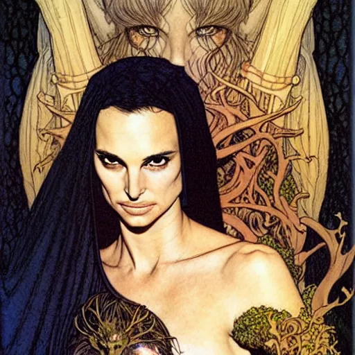 Image similar to a realistic, very beautiful and atmospheric portrait of a young natalie portman as a druidic warrior wizard looking at the camera with an intelligent but seductive gaze by rebecca guay, michael kaluta, charles vess and jean moebius giraud
