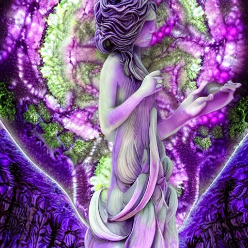 Image similar to glowing delicate flower and mushrooms that grow in a dark fatansy forest on the planet Pandora, an idealistic marble statue with fractal flowery hair in a fractal garden, symmetrical,