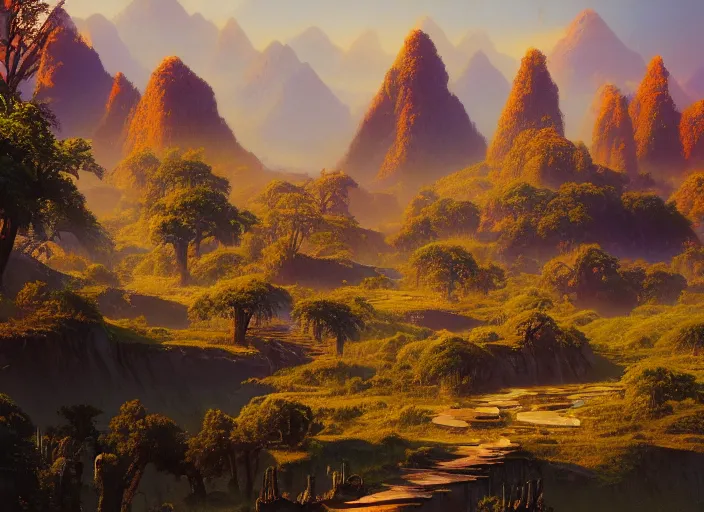 Image similar to The ash lands of Morrowind by Bruce Pennington, fantasy landscape, oil painting, 8k, featured on artstation, elegant, intricate
