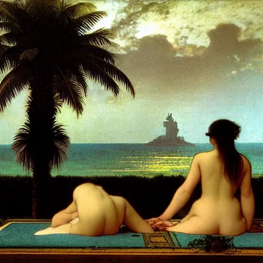 Image similar to Silhouette of two girls at the palace, thunderstorm, greek pool, beach and palm trees on the background major arcana sky, by paul delaroche, alphonse mucha and arnold böcklin arnold böcklin hyperrealistic 8k, very detailed