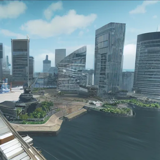 Prompt: canary wharf, screenshot from 2 0 2 8 pc vr game, unreal engine, max graphics settings, 8 k uhd