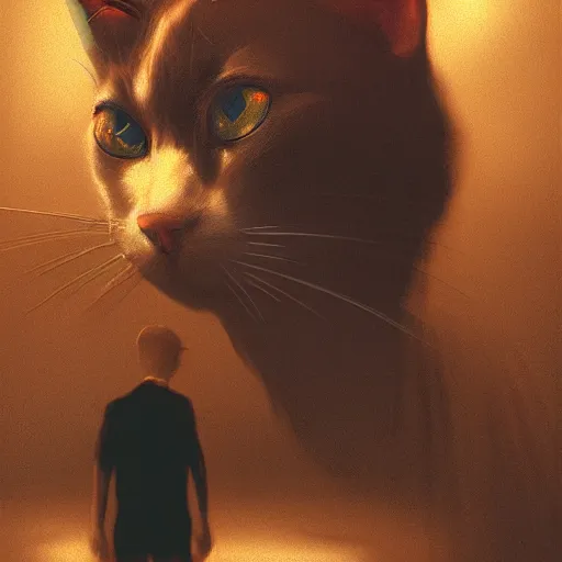 Image similar to man staring at a cat, ultra realistic, digital art, gothic, rich deep colors, smooth shadows, high resolution, cinematic