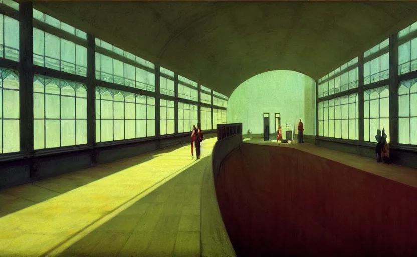 Image similar to Inside a train station, Edward Hopper and James Gilleard, Zdzislaw Beksinski, Mark Ryden, Wolfgang Lettl highly detailed, hints of Yayoi Kasuma