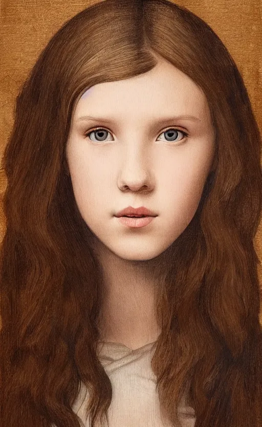 Prompt: millie bobby brown painted by leonardo da vinci and rossdraws